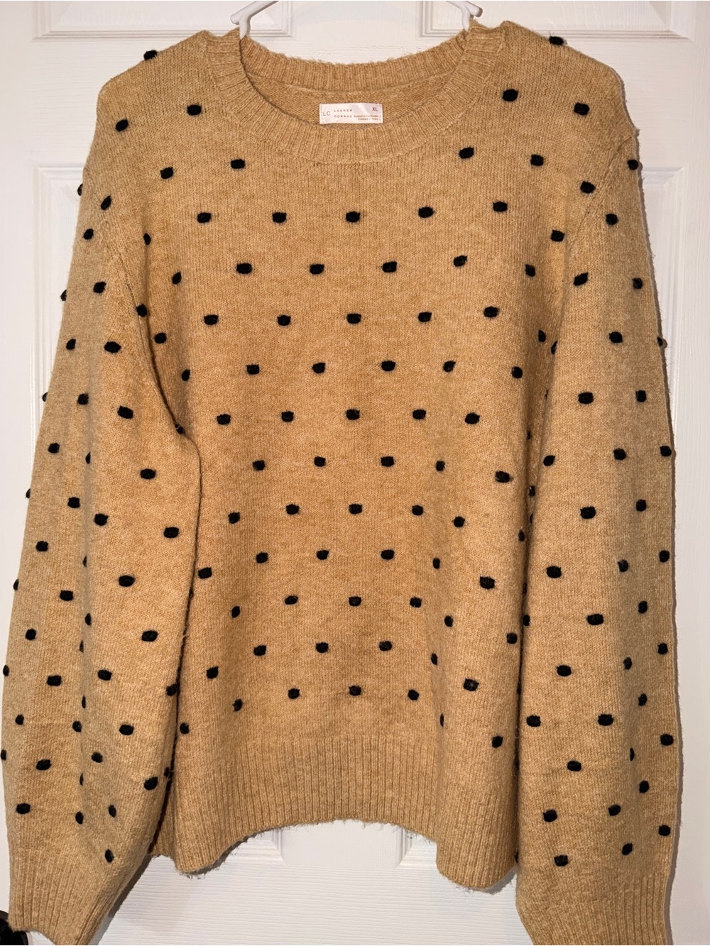 LC Lauren Conrad Tan Crewneck Sweater with Black Polka Dots